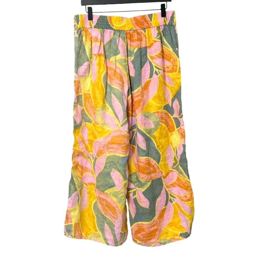Women's Wide-Leg Printed Linen Pants - Pink & Yellow Leaf Print - Picture 4 of 8